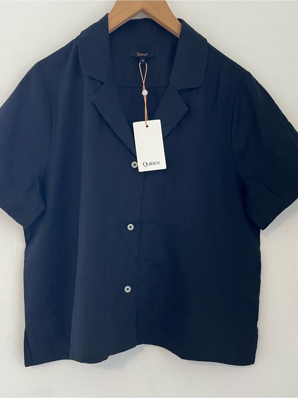Quince Women's 100% linen Short-Sleeve Button Front Blouse in Navy